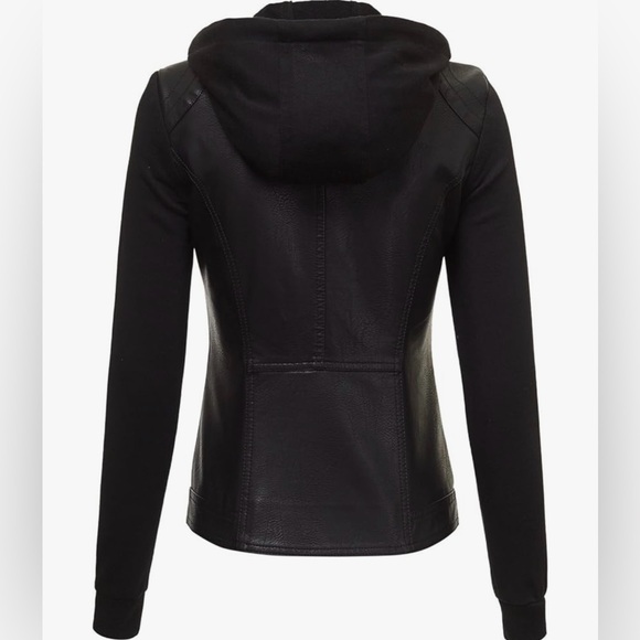 Hooded Faux Leather Jacket Moto Biker Coat -black/black - Picture 2 of 6